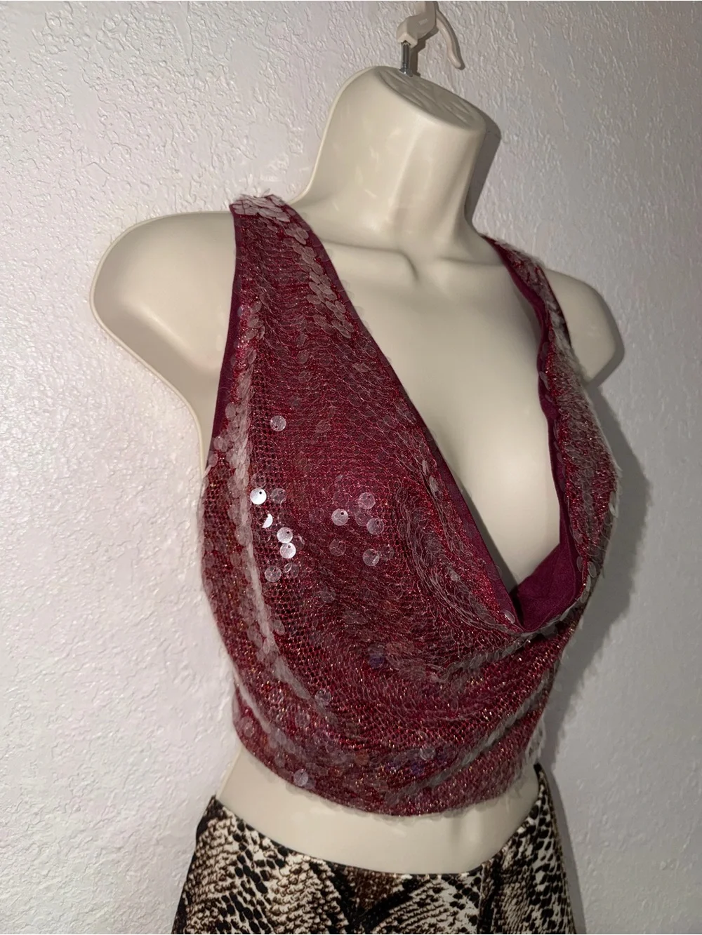 Two Piece Set Sequin Cowl Neck & Snake Skin Shorts